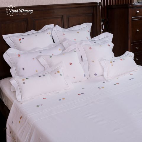  Double bed bedding set - Assorted Colorful Beetles (duvet cover 220x240, fitted sheet 270x320, pillows 50x70, 60x60, 45x45, 25x50/pair) - wrapped in white linen fabric 