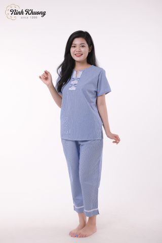  Bộ cổ xẻ V nữ tay ngắn quần dài (Xanh) 