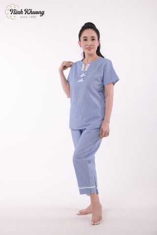  Bộ cổ xẻ V nữ tay ngắn quần dài (Xanh) 