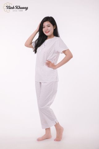  Bộ cổ xẻ V nữ tay ngắn quần dài (Trắng) 