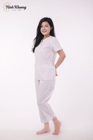  Bộ cổ xẻ V nữ tay ngắn quần dài (Trắng) 