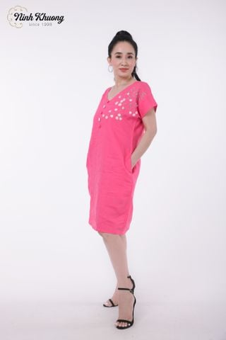  Dress with V-neck and short sleeves in Linen fabric 