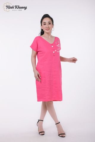  Dress with V-neck and short sleeves in Linen fabric 