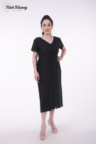  Đầm lụa cổ V nút bọc sau tằm lanh | Hàng đặt riêng 