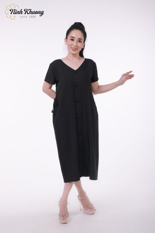  Đầm lụa cổ V nút bọc sau tằm lanh | Hàng đặt riêng 