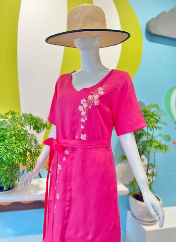  Short Sleeve V-neck Back Slit Dress with Straps (Linen) 