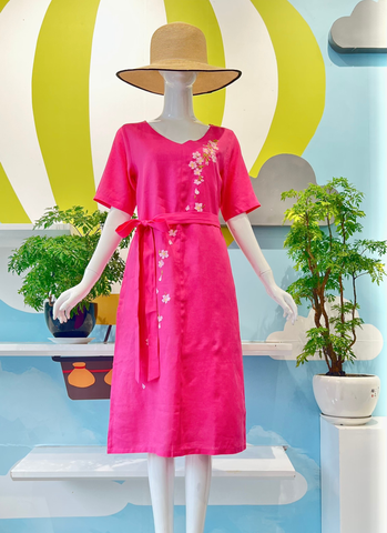  Short Sleeve V-neck Back Slit Dress with Straps (Linen) 