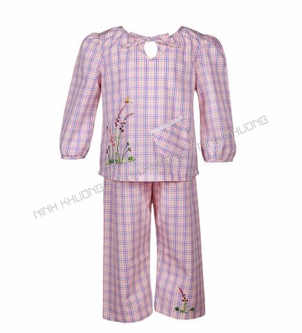  Bộ bé gái tay dài quần dài nơ cổ cột dây 