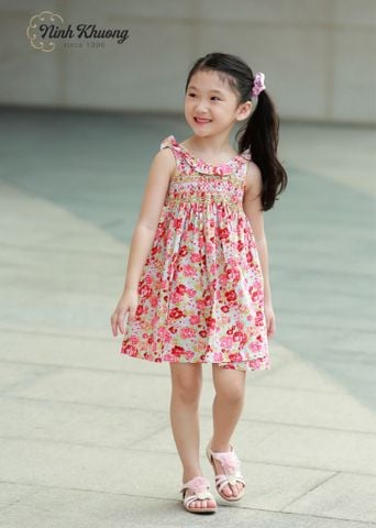  Đầm bé gái Smock V lưng có bèo 