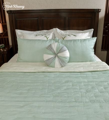  [SET] Mền lụa + gối Thêu hoa thị - xanh mint 