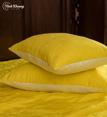  [SET] Mền lụa + gối Thêu hoa thị - vàng 