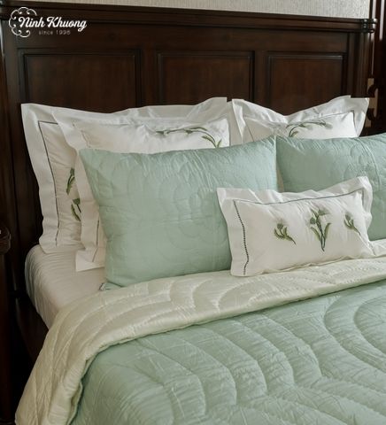  [SET] Mền lụa + gối Thêu hoa mai - xanh mint 