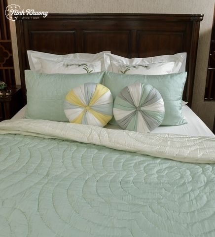  [SET] Mền lụa + gối Thêu hoa mai - xanh mint 