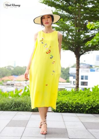  Đầm freesize N100-vàng-MS1-C.H-thêu chuồn chuồn, bươm bướm(040620) 