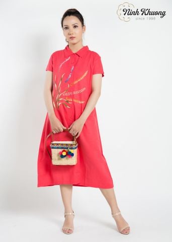  Pointed collar dress with buttoned wrap - Red 