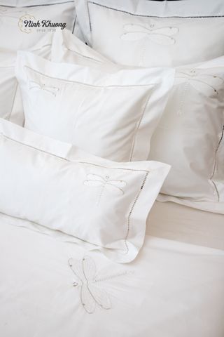  Set Bộc mền,Ga,Gối giường đôi/6pcs-Cip Mỹ-Chuồn chuồn trắng kim tuyến 