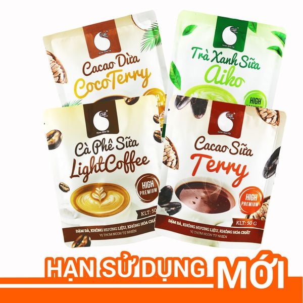 Combo 4 loại thức uống hòa tan Light Coffee - Cà phê sữa, Cacao sữa, Matcha sữa, Cacao sữa dừa (50g/gói)