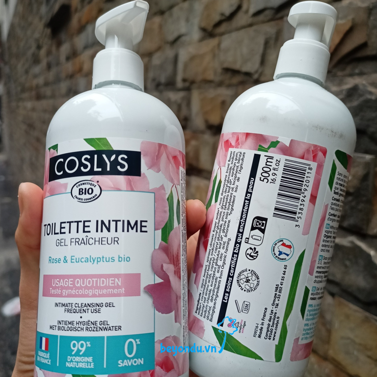  Dung dịch vệ sinh phụ nữ dùng hằng ngày hữu cơ Coslys 250ml và 500ml (hương hoa hồng & bạch đàn) 
