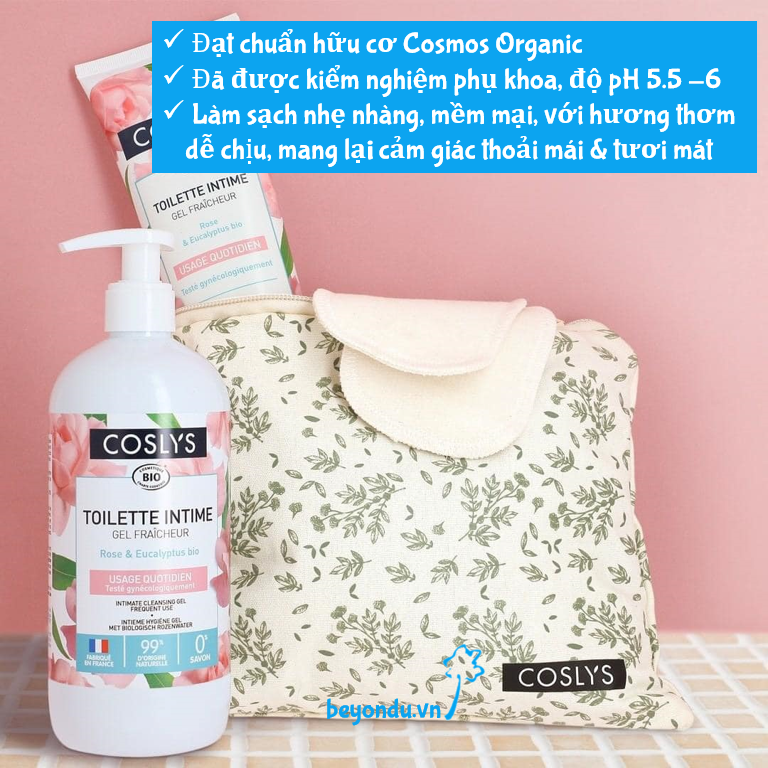  Dung dịch vệ sinh phụ nữ dùng hằng ngày hữu cơ Coslys 250ml và 500ml (hương hoa hồng & bạch đàn) 