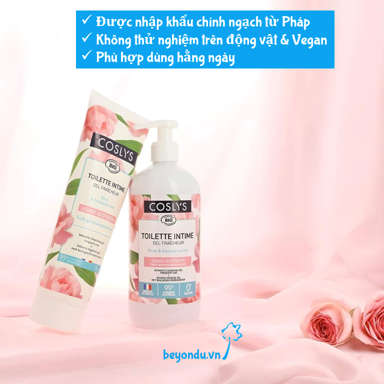  Dung dịch vệ sinh phụ nữ dùng hằng ngày hữu cơ Coslys 250ml và 500ml (hương hoa hồng & bạch đàn) 