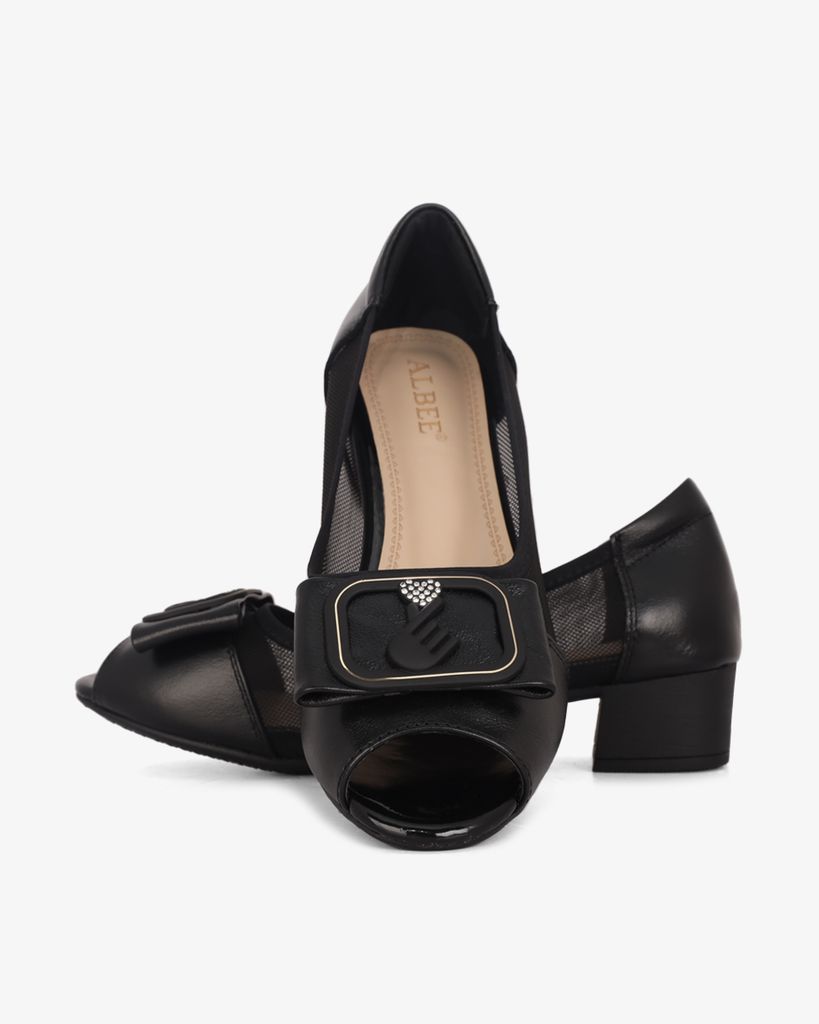 Giày Cao Gót Albee Hở Mũi Phối Lưới Gót Vuông HD0280TQ