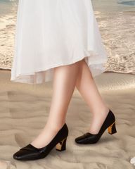 Giày Cao Gót Hạnh Dung Mũi Vuông Gót Viền Vàng HD04988AD