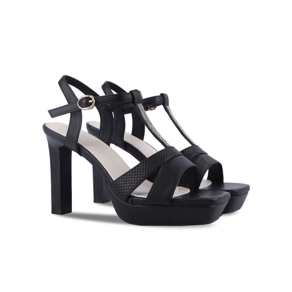 Sandal Cao Gót Hạnh Dung Quai Khoét Nối Dây Kim Sa HD27211BI