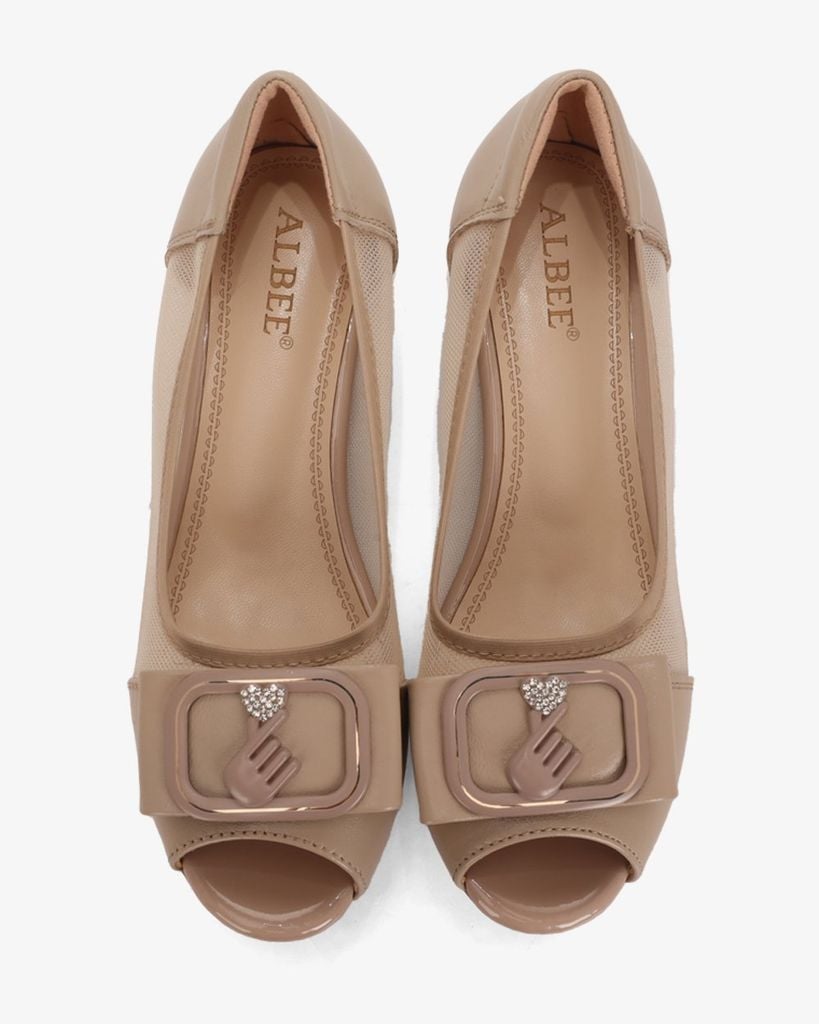 Giày Cao Gót Albee Hở Mũi Phối Lưới Gót Vuông HD0280TQ