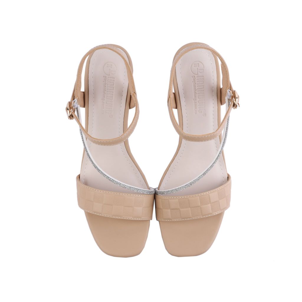 Sandal Cao Gót Hạnh Dung Bản Ngang Caro Dây Đính Đá HD27210BI