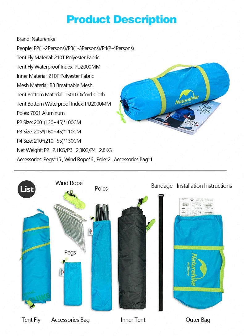 Lều cắm trại 3 người P-Series Naturehike NH18Z033-P