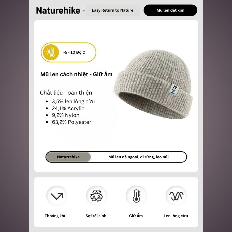 Mũ len đi rừng - leo núi - dã ngoại Naturehike CYY2341LF015