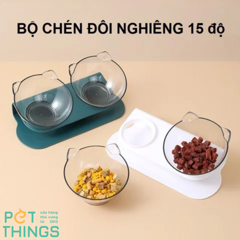 Bộ chén đôi nhựa cho thú cưng trong suốt nghiêng 15 độ