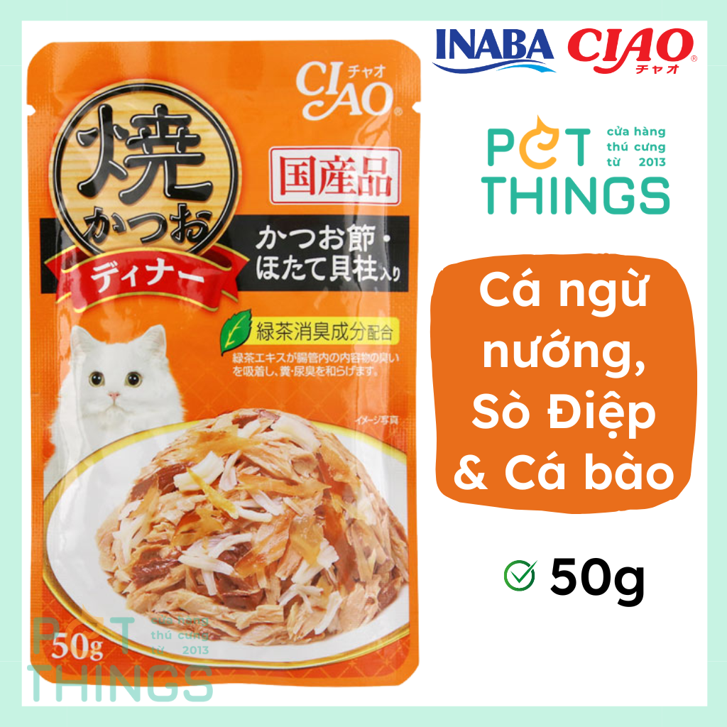 Pate mèo Ciao IC-231 Cá ngừ nướng, Sò điệp & Cá bào nấu thạch 50g