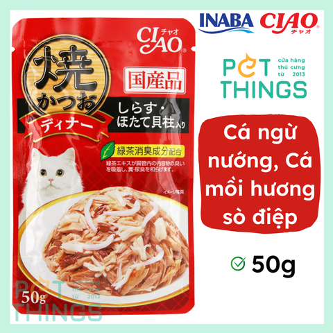 Pate mèo Ciao Cá ngừ nướng, Cá mồi & hương sò điệp nấu thạch 50g