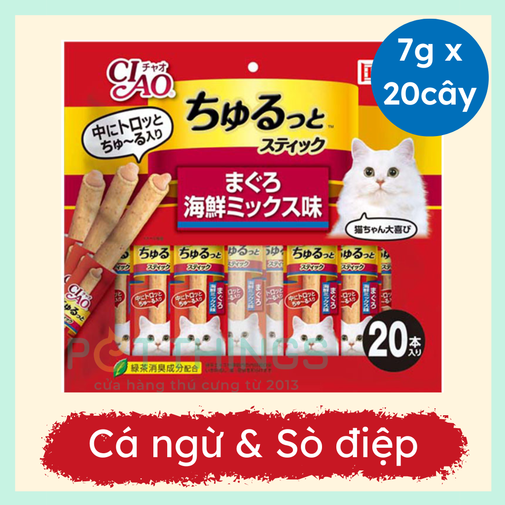 CIAO Churutto Maguro & Scallop - Snack Mèo Que Nhân Kem Churu CS-163, 7gx20