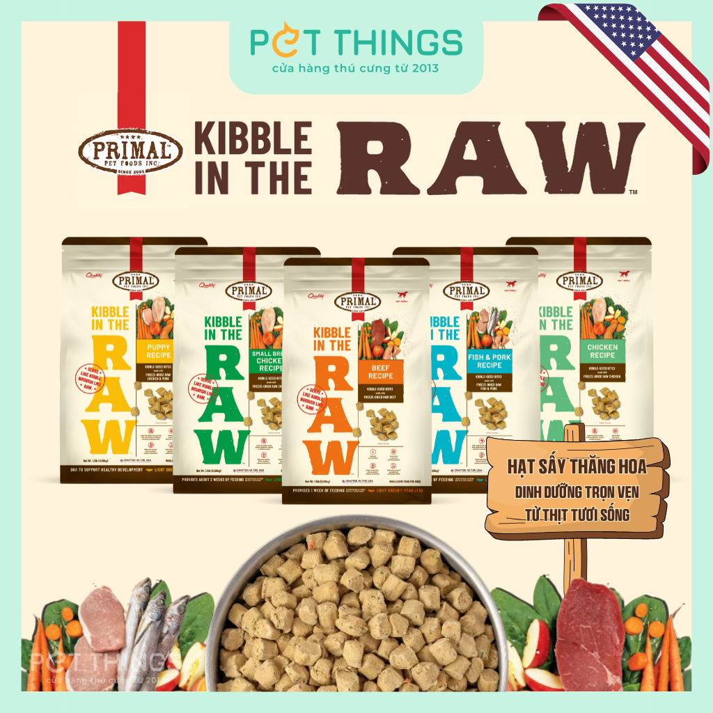 Thức Ăn Hạt Sấy Từ Thịt Tươi Sống PRIMAL Kibble In The Raw Cho Chó, Gói 680g