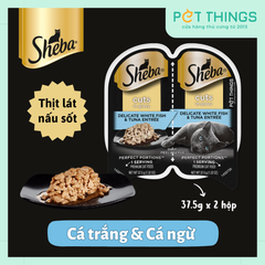 Pate Mèo thịt xắt nước sốt Sheba Perfect Portions Cuts In Gravy Cá trắng & Cá ngừ 37.5gx2