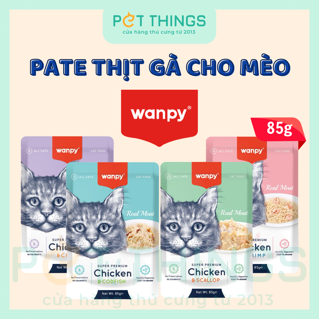 Pate Wanpy Cat Super Premium Thịt Gà Cho Mèo, Gói 85g