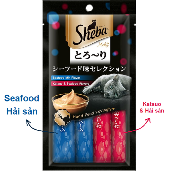 Súp thưởng mèo Sheba Melty Seafood Mix hải sản hỗn hợp 12gx4