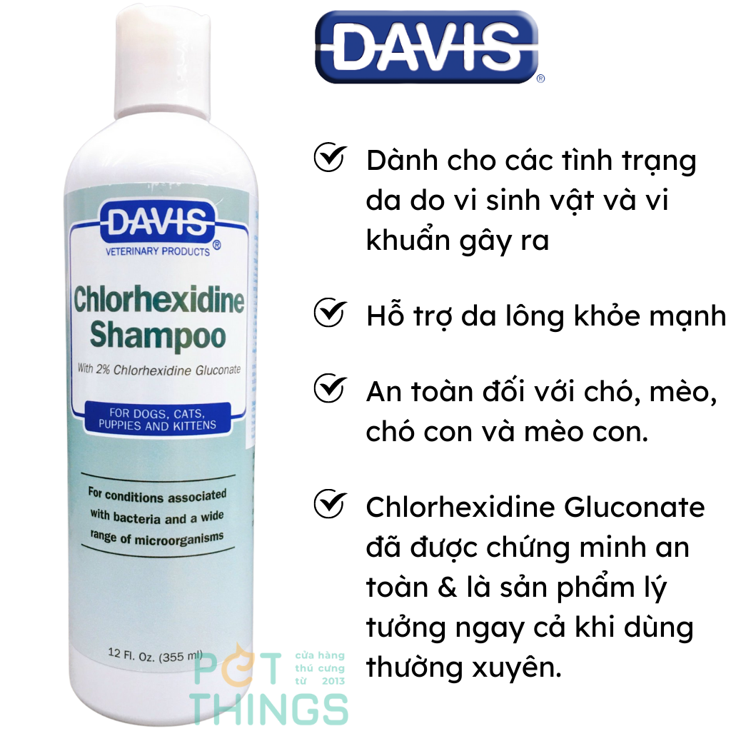 Sữa tắm trị viêm da ngứa DAVIS 2% Chlorhexidine chai 355ml cho chó, mèo