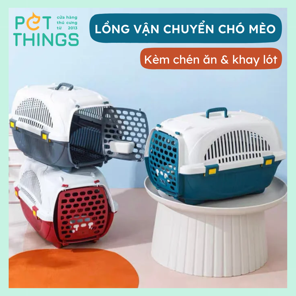 Lồng vận chuyển hàng không cho chó mèo không gian rộng kèm chén ăn & khay lót