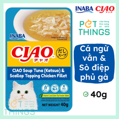 Pate mèo / Thức ăn ướt CIAO IC-212 Súp Cá ngừ vằn và Sò điệp phủ gà 40g