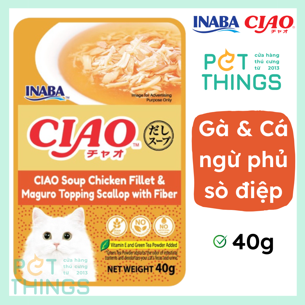 Pate mèo / Thức ăn ướt CIAO IC-218 Súp Gà và Cá ngừ phủ sò điệp 40g