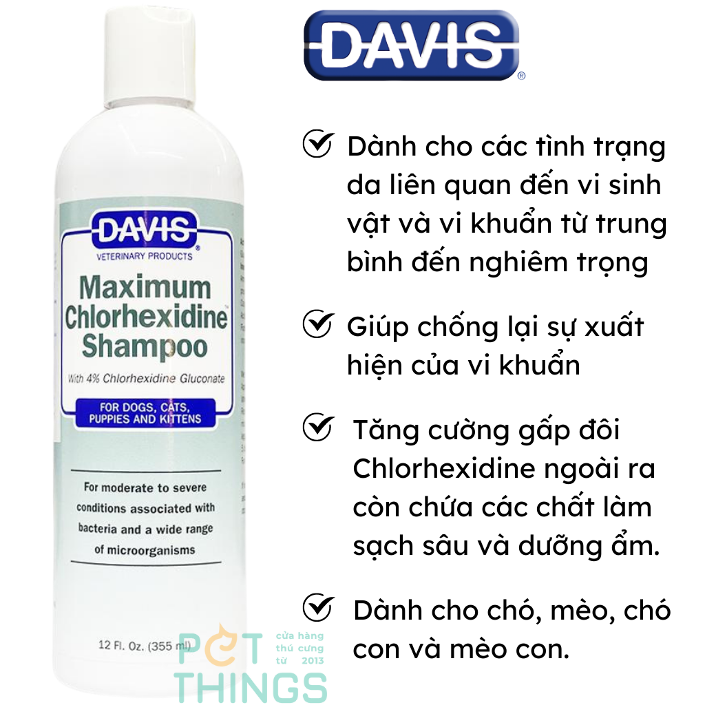 Sữa tắm nồng độ cao trị viêm da DAVIS Maximum Chlorhexidine (4%) chai 355ml cho Chó, Mèo