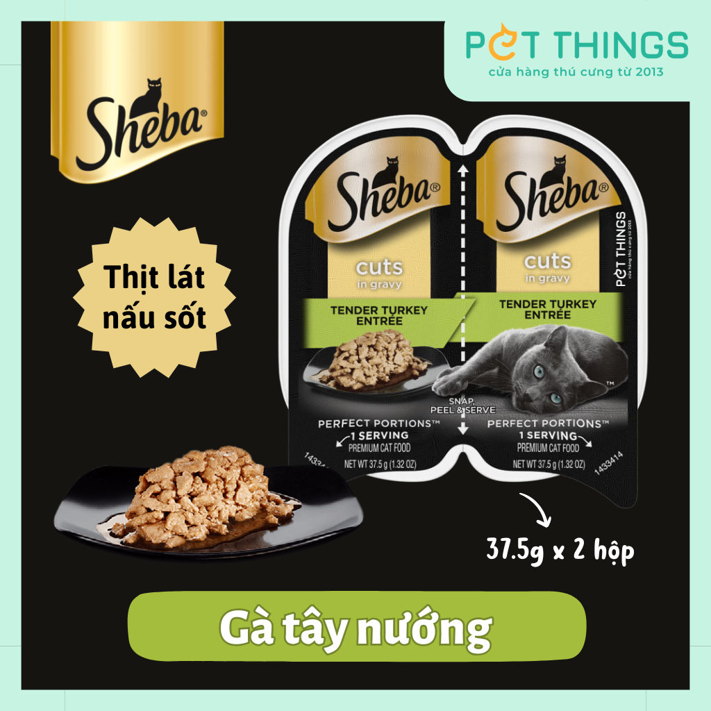 Pate Mèo Sheba Perfect Portions CUTS in gravy Tender Turkey 37.5gx2