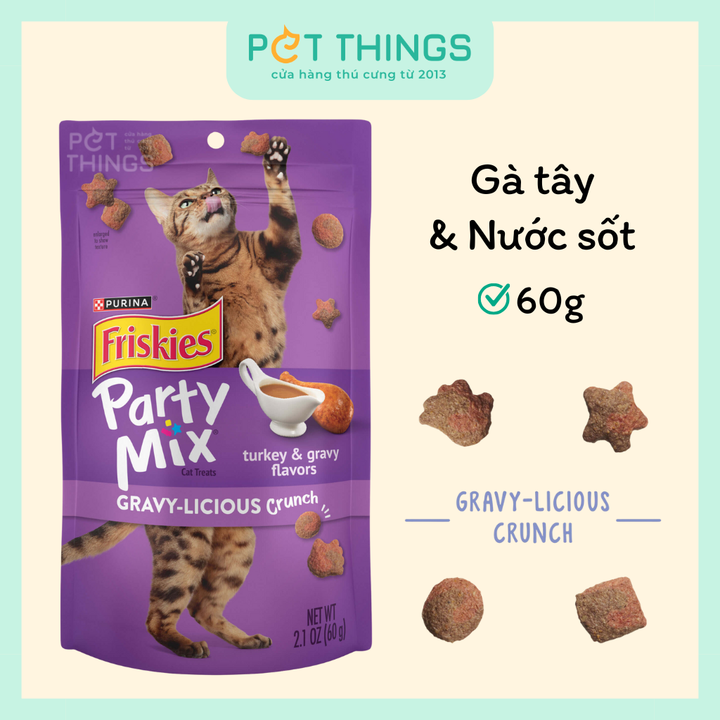 Bánh Thưởng Cho Mèo Friskies Party Mix Gravy-licious Turkey & Gravy 60g, Mỹ