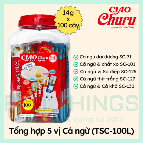 Súp Thưởng Cho Mèo CIAO Churu hũ 100 cây mix vị cá ngừ TSC-100L Tuna 14gx100pcs