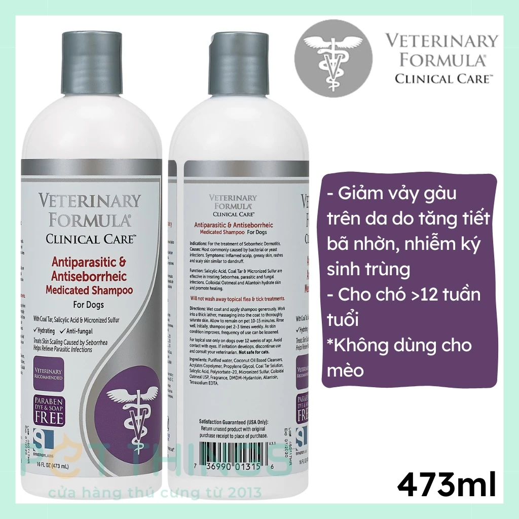 Sữa tắm chống ký sinh trùng và tăng tiết bã nhờn cho chó Veterinary Formula Antiparasitic & Antiseborrheic Shampoo 473ml
