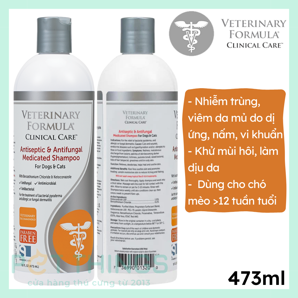 Sữa tắm trị nấm viên da cho chó & mèo Veterinary Formula Antiseptic & Antifungal Shampoo 473ml
