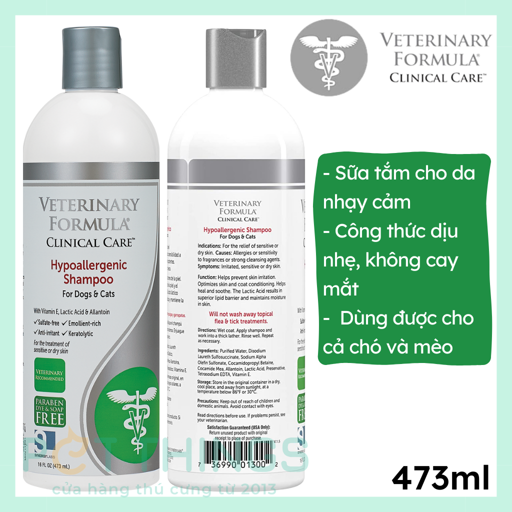 Sữa tắm cho chó mèo da nhạy cảm kích ứng ngứa mẩn đỏ Veterinary Formula Shampoo for Dogs & Cats Hypoallergenic (473ml) 16oz